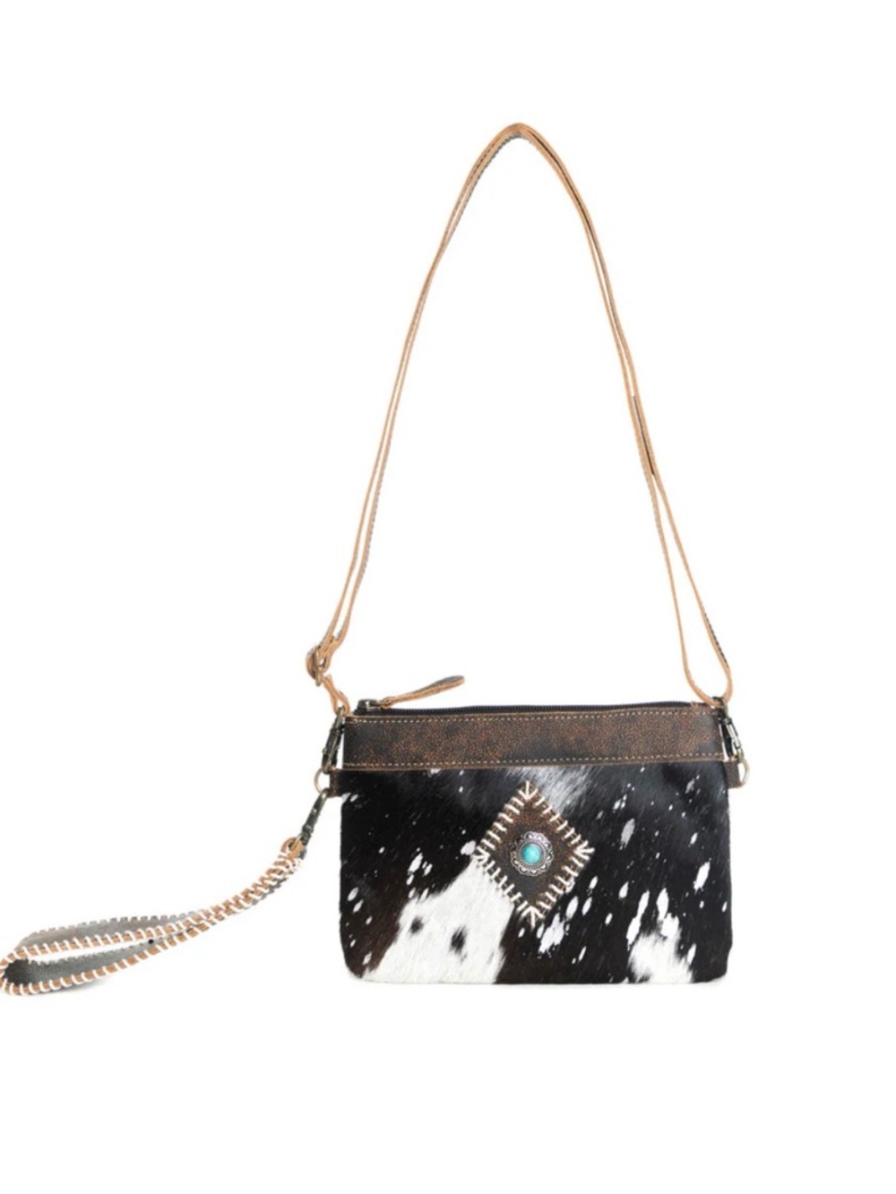 NWT Cowhide Crossbody Bag with Turquoise Accent - Black & White - Picture 3 of 6
